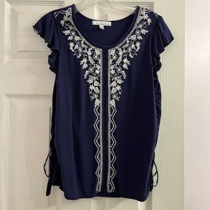 Fourteenth Place Navy Blue & White Ruched Tank Small Petit Size